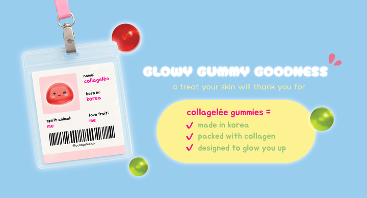 Collagelée gummies with a blue background and text about the product. Glowy, gummy goodness, a treat your skin will thank you for.