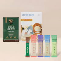 Cold Brew Box, Moomin Waffle Cone Latte Box, Cold Brew Sachet, Churro Latte Sachet, Royal Milk Tea Sachet, Vanilla Latte Sachet, and Matcha Latte Sachet on a beige background