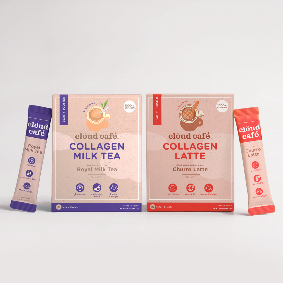 Clöud Café Collagen latte boxes featuring Churro Latte and Royal Milk Tea with individual sachets displayed on a light gray background