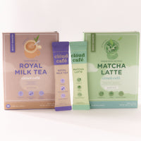 Royal Milk Tea box with single satchet (left)
Matcha Latter box with single satchet (right)