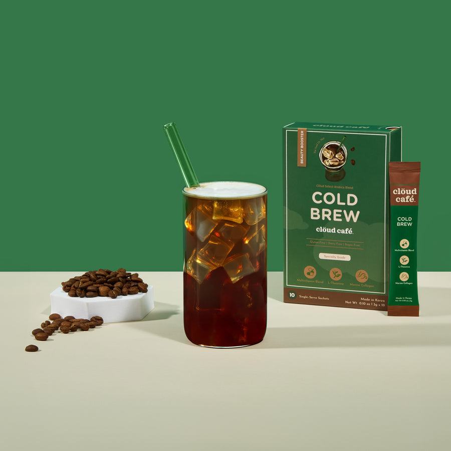 Green background with iced cold brew and coffee beans surrounding it