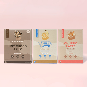 Cloud Cafe Cozy Favorites bundle featuring Hot Choco Zero, Vanilla Latte, Churro Latte with a pink background.