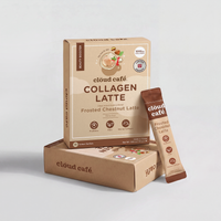 Clöud Café Frosted Chestnut Latte Collagen Latte box with 10 instant sachets, featuring Probiotics, Fiber, and Marine Collagen, gluten-free, shown with a second box and single sachet.