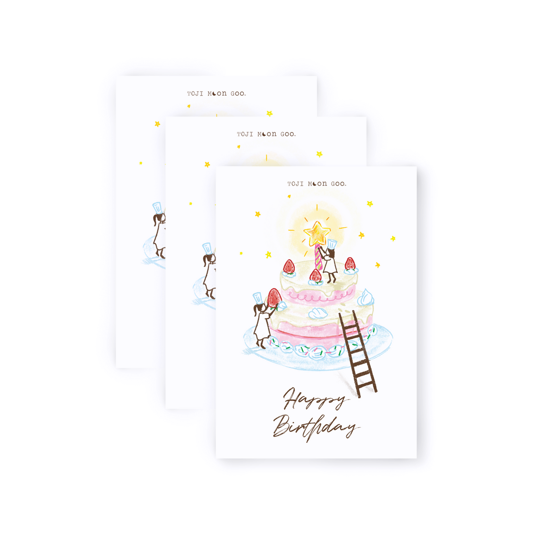 Trio Pack. Illustration of 2 fairy-like girls placing cake decorations on a tiered cake, reaching for the lit candle. Greeting Card front message reads "happy birthday".