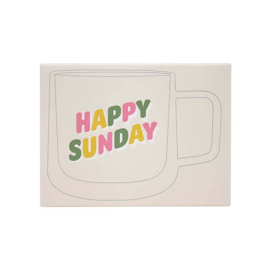 Front package view with a mug outline and 'Happy Sunday' text