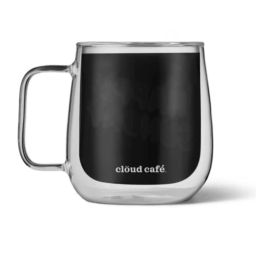 Clear mug with cold brew and 'Clöud Café' branding 