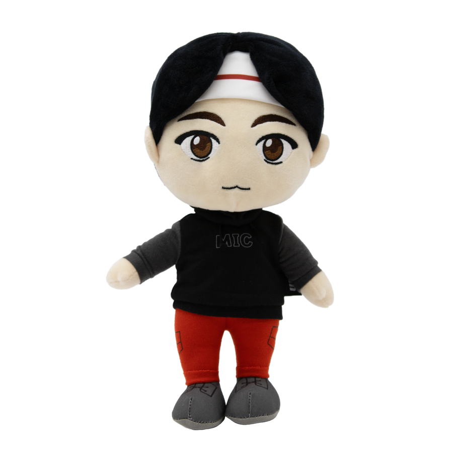 Front of Jin BTS Plush Doll wearing outfit inspired by MIC Drop music video.