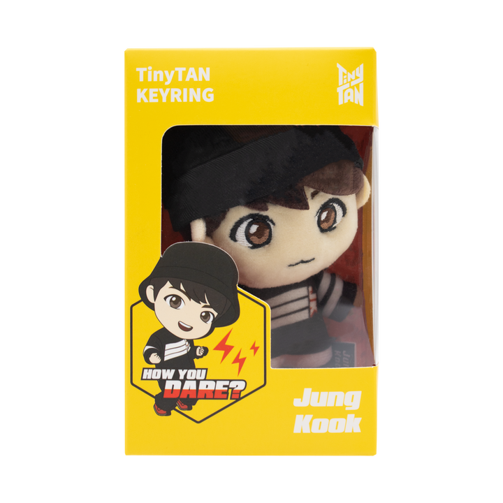 Front of TinyTAN Keyring in yellow box packaging. Box reads "HOW YOU DARE? JungKook" 