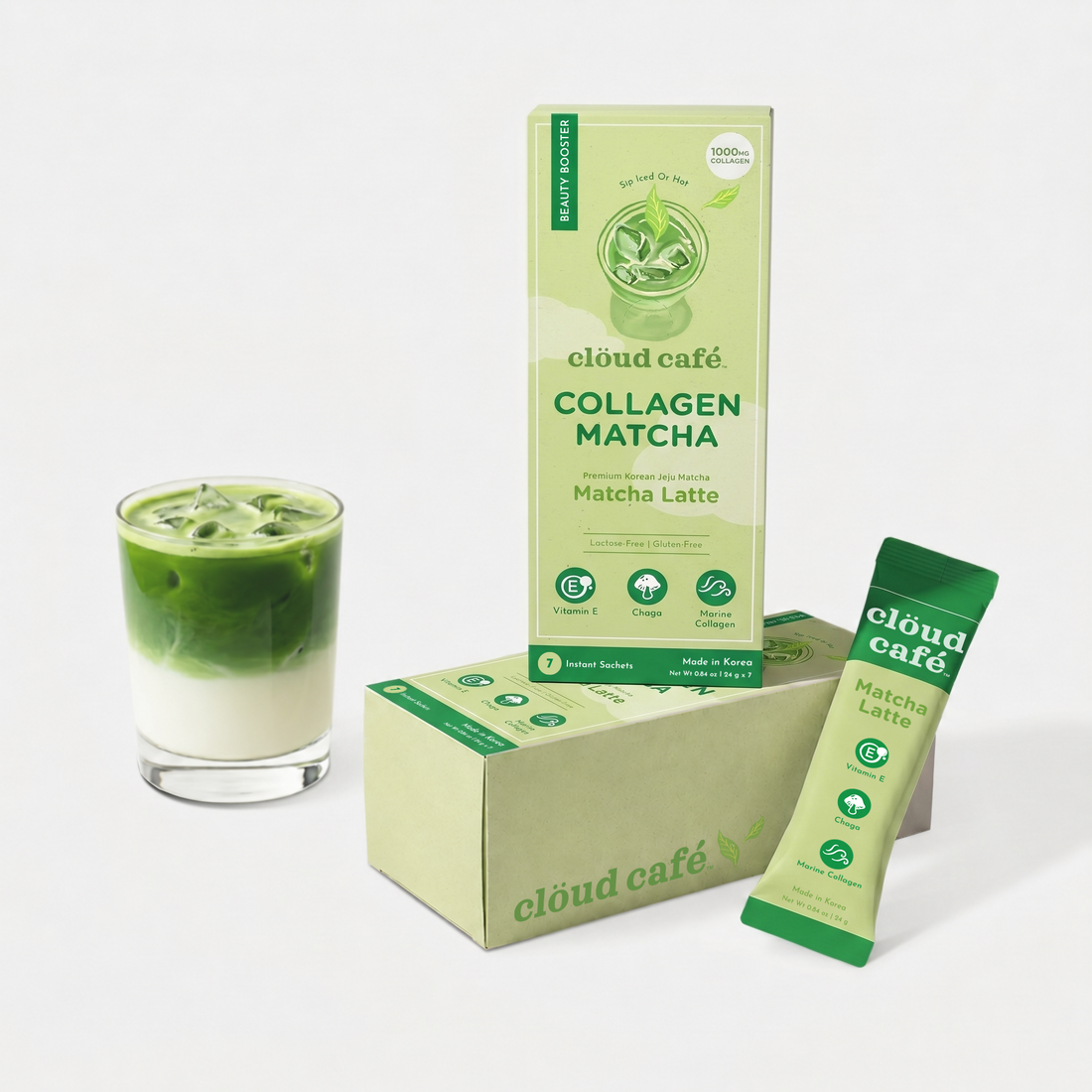 Clöud Café Collagen Matcha Latte instant sachet and vibrant layered iced matcha latte over milk in clear glass, featuring 1000mg marine collagen, chaga mushroom, and vitamin E, lactose-free gluten-free Korean Jeju matcha, 7 count.
