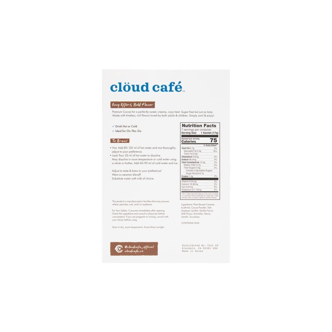 Product label for cloud cafe with text and nutrition facts on a white background