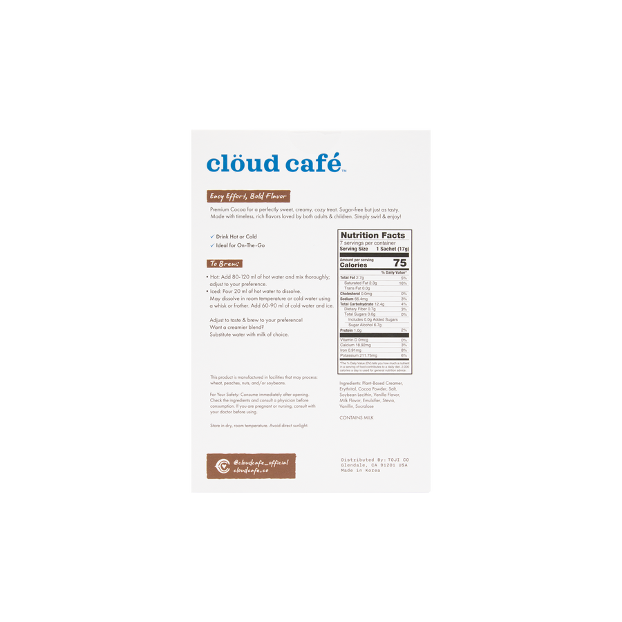 Product label for cloud cafe with text and nutrition facts on a white background