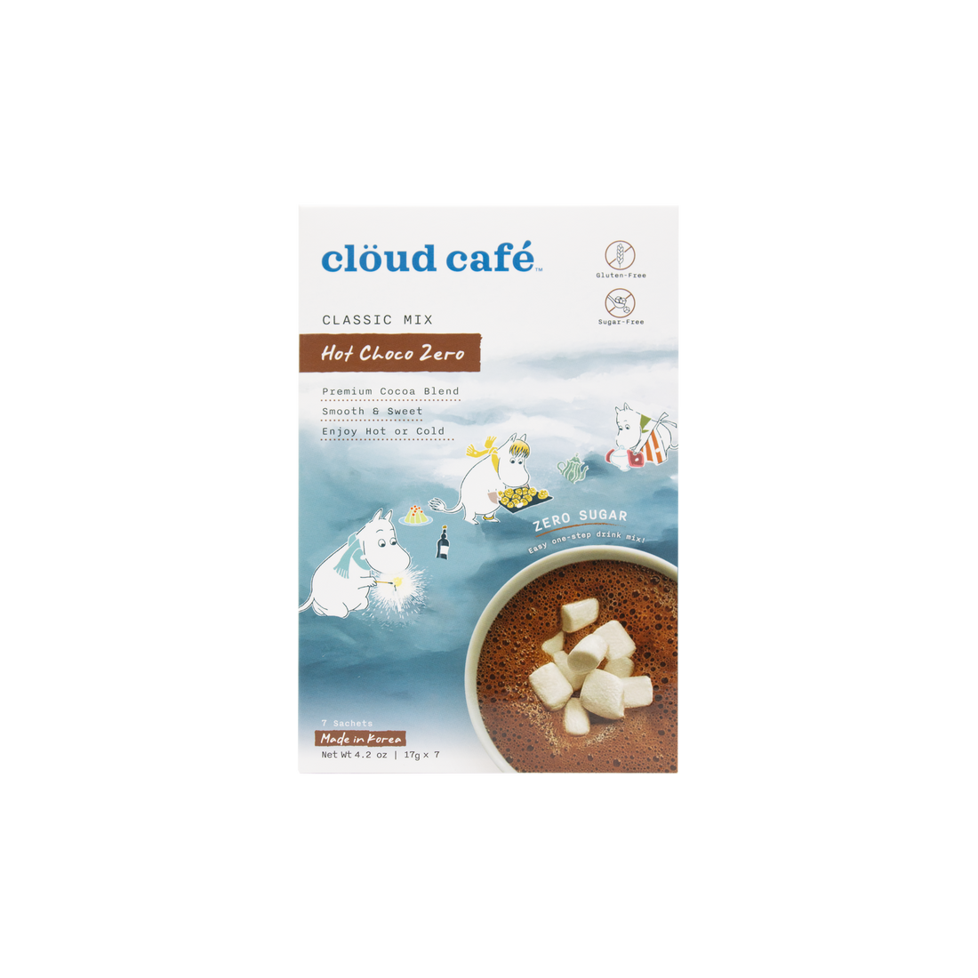 Cloud Cafe Hot Choco Zero packaging with MOOMIN character art.