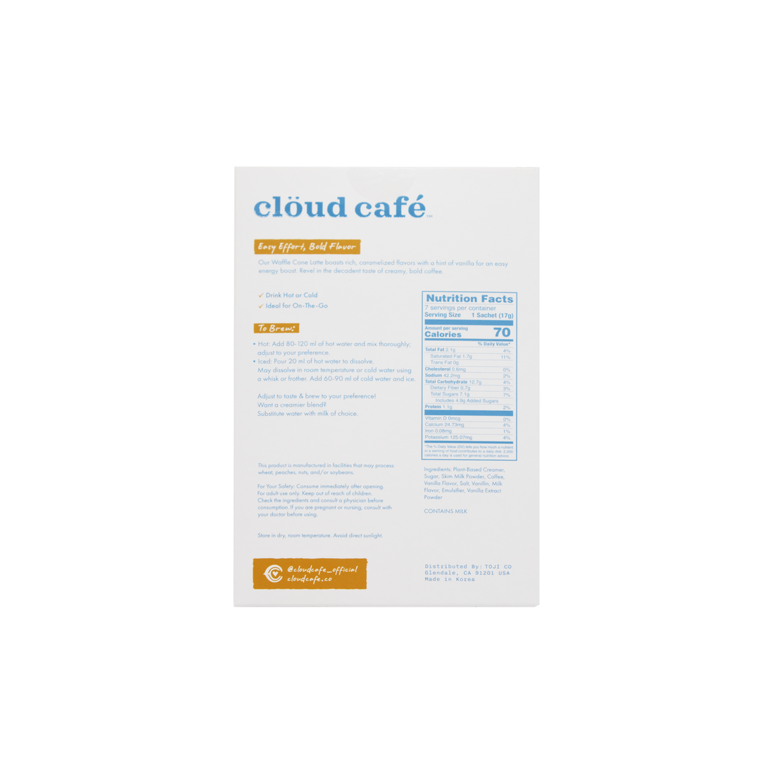 Product packaging for Cloud Cafe with text and nutrition facts on a white background