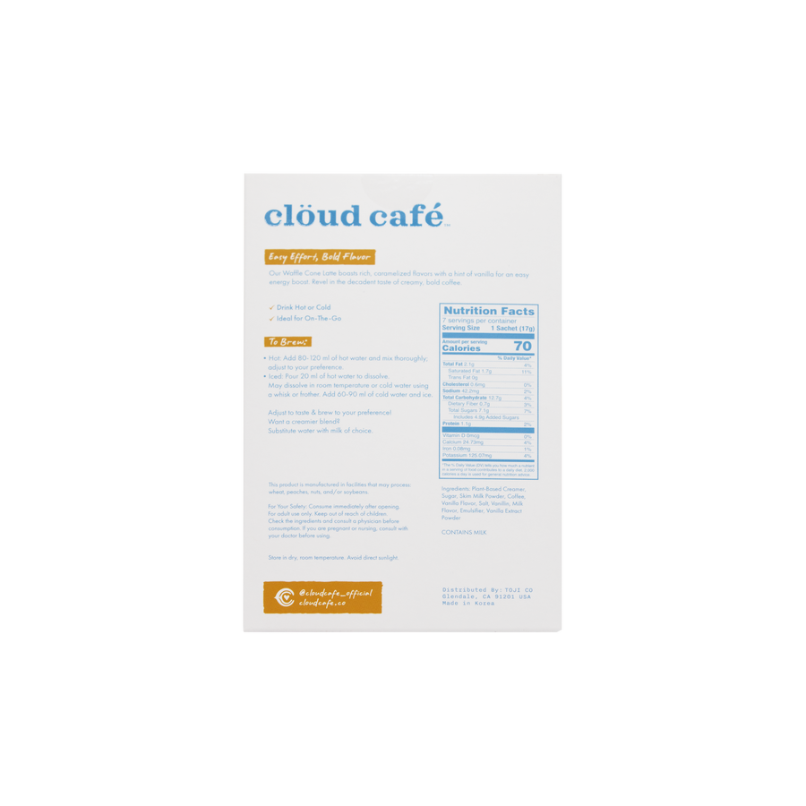 Product packaging for Cloud Cafe with text and nutrition facts on a white background