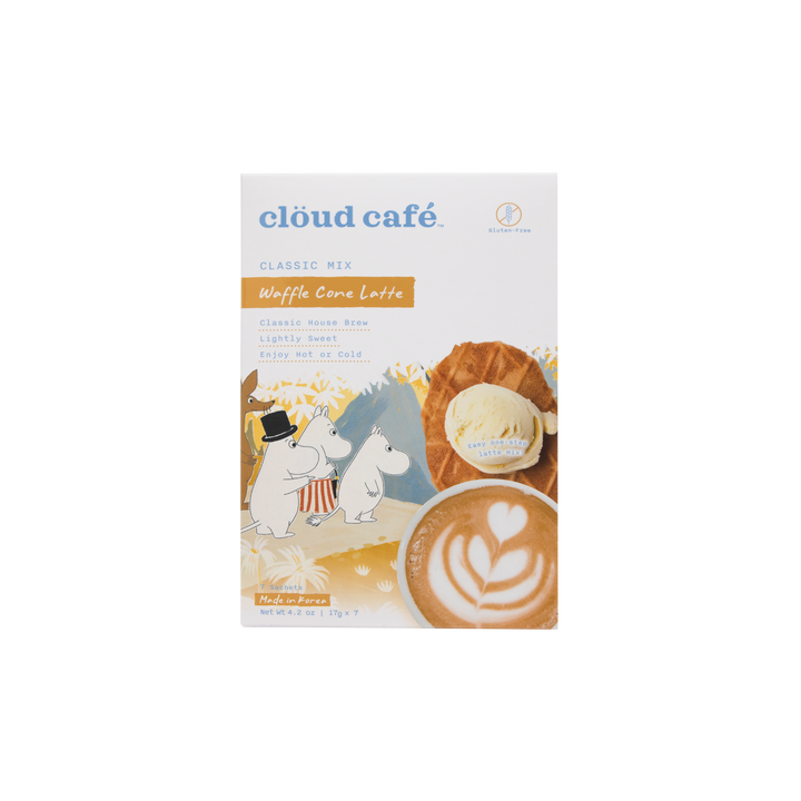 Box of Cloud Cafe MOOMIN Waffle Cone Latte with MOOMIN characters on a nature-white background.