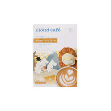 Box of Cloud Cafe MOOMIN Waffle Cone Latte with MOOMIN characters on a nature-white background.