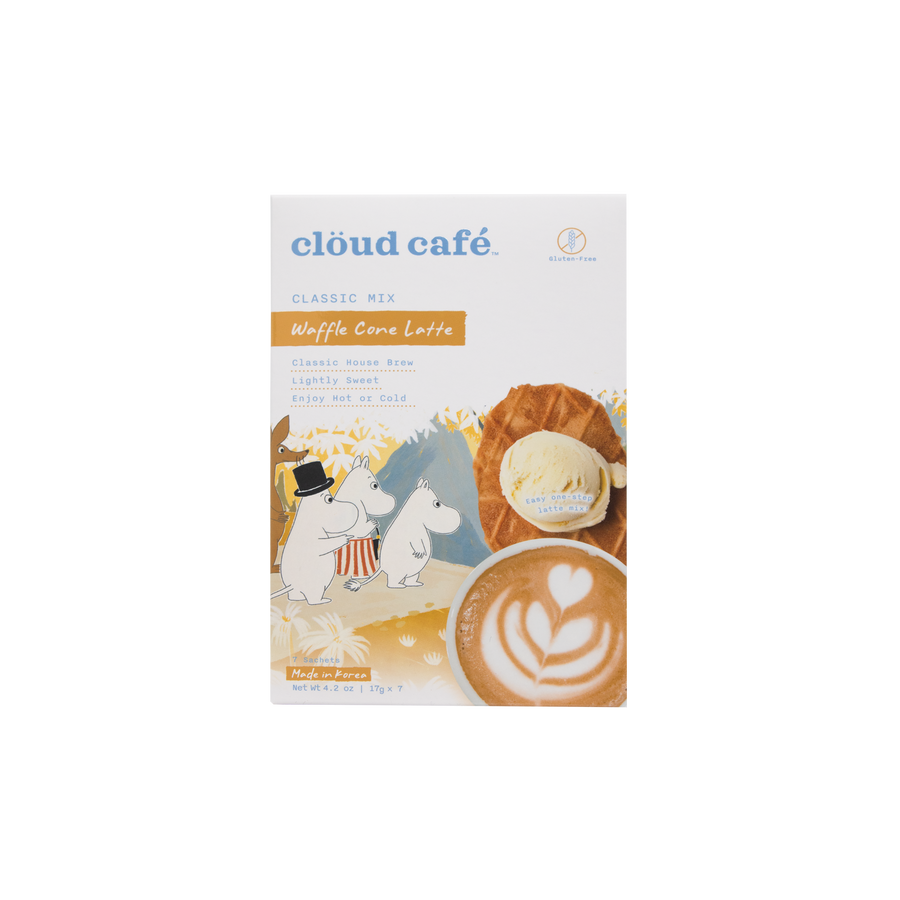 Box of Cloud Cafe MOOMIN Waffle Cone Latte with MOOMIN characters on a nature-white background.