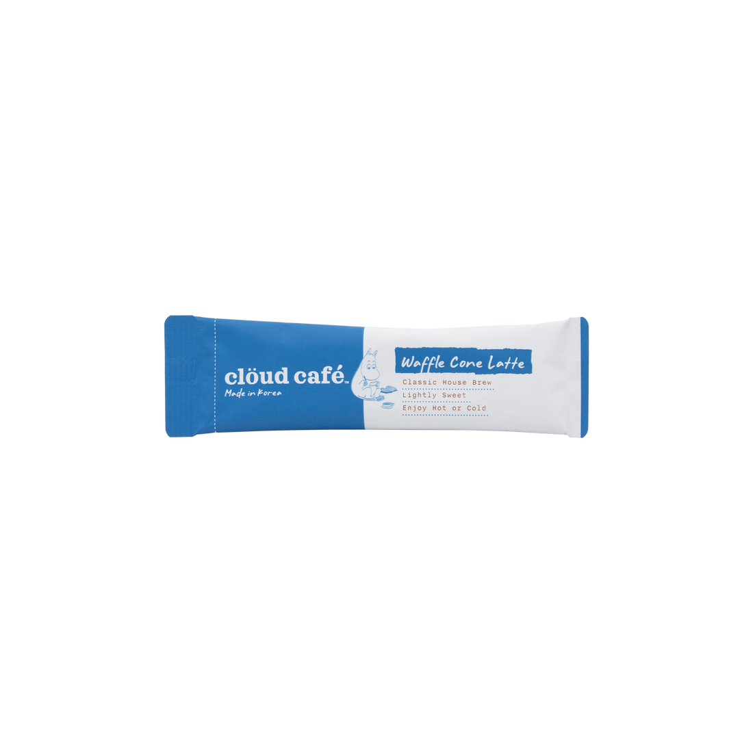 Cloud Cafe waffle cone blue and white sachet packaging on a white background.