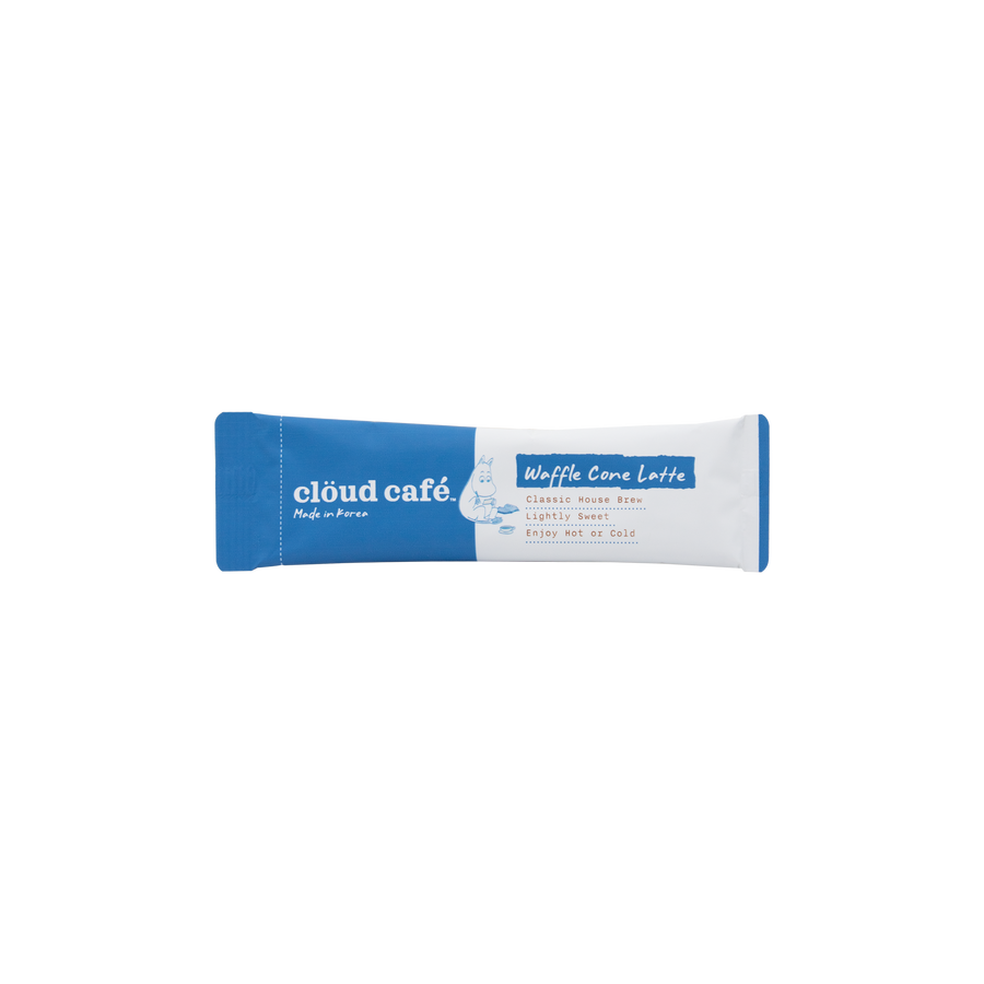 Cloud Cafe waffle cone blue and white sachet packaging on a white background.