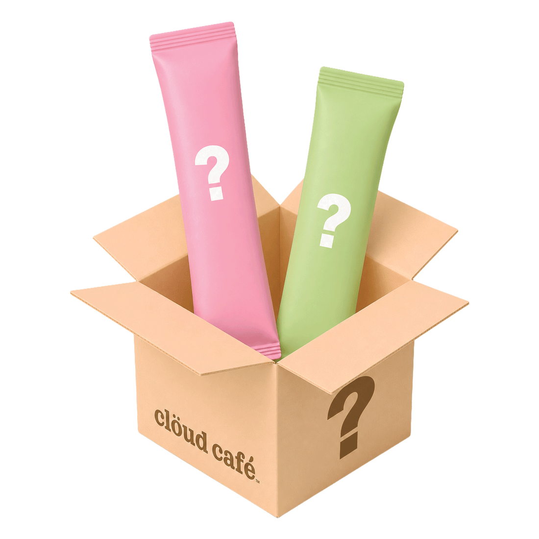 Clöud Café Mystery Sampler 2-piece set featuring two surprise instant drink stick packets in pink and sage green with question marks, emerging from an open kraft cardboard gift box branded with the Clöud Café logo