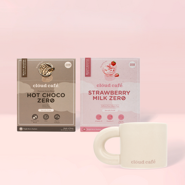 Hot Choco Zero and Strawberry Milk Zero and Sandstone Mug behind pink background
