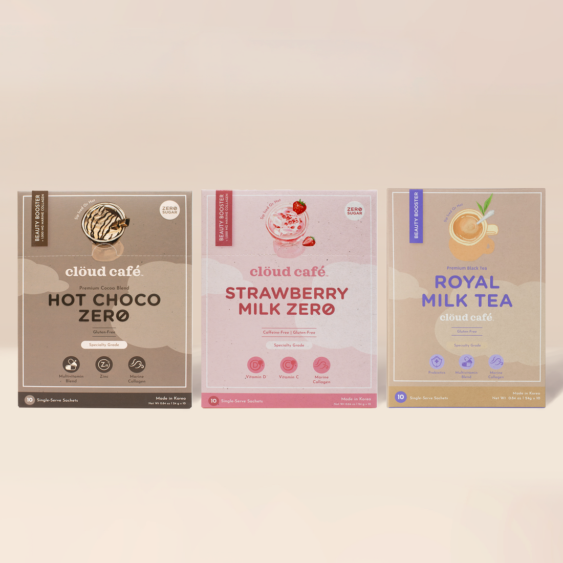Hot Choco, Strawberry Milk Zero, and Royal Milk Tea boxes on a cream background
