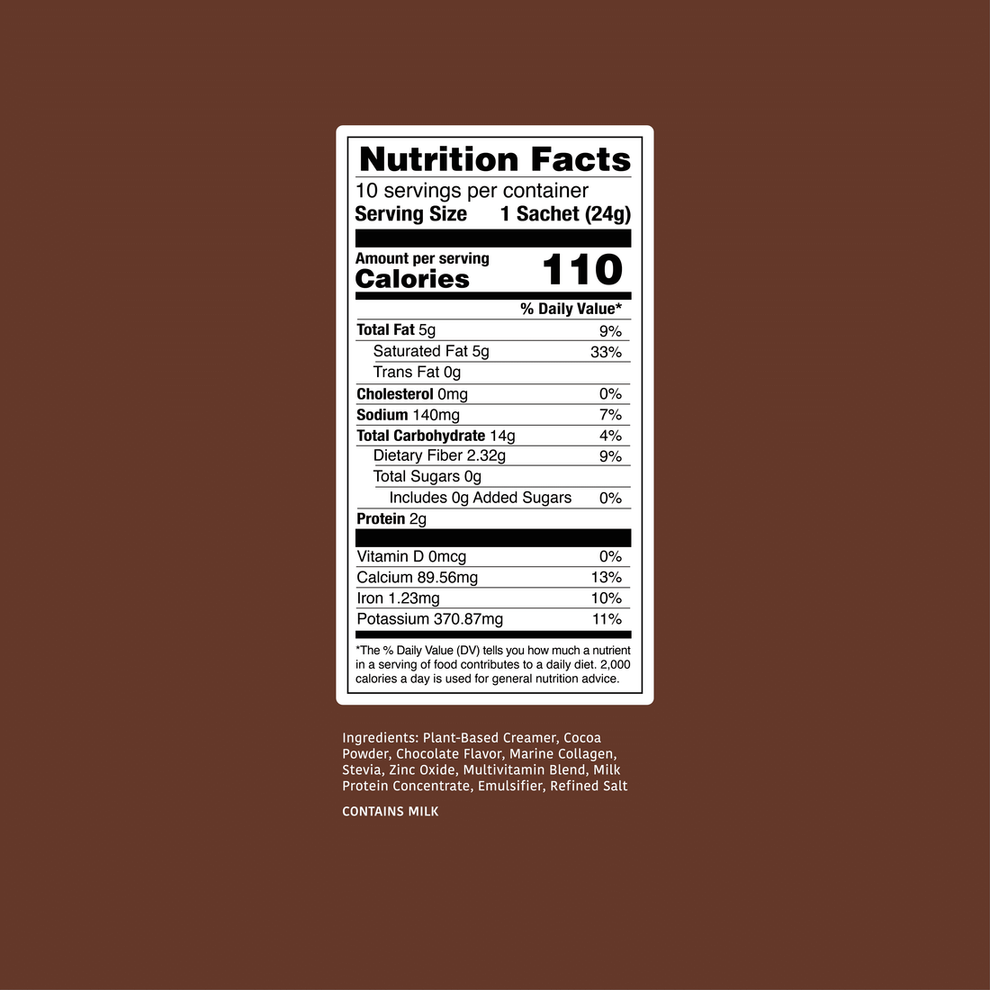 Clöud Café Hot Choco Zero Sugar nutrition label on a brown background