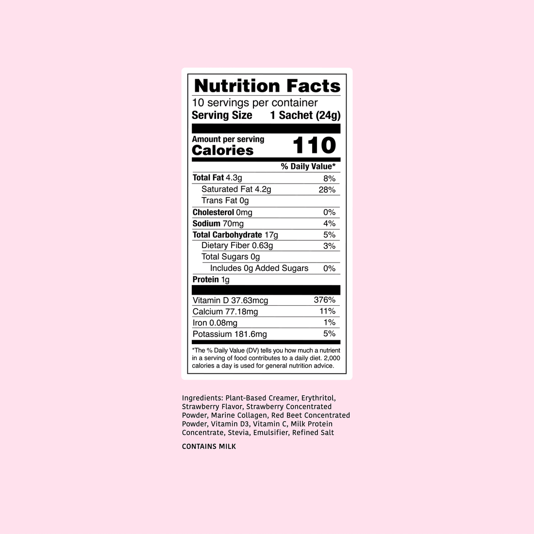 Strawberry Milk Zero Sugar nutrition label on a pink background