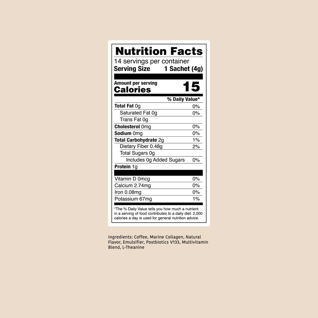 Clöud Café Black Coffee nutrition label on a beige background