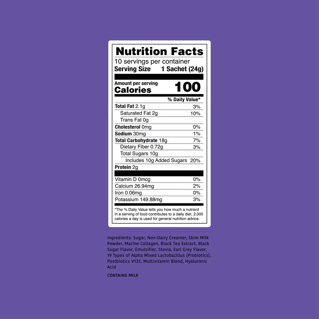 Clöud Café Royal Milk Tea nutrition label on a purple background