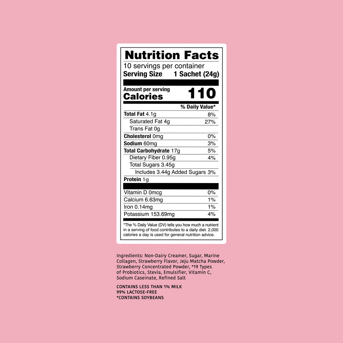 Clöud Café Strawberry Matcha Latte nutrition label on a pink background