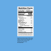 nutrition label for vanilla latte behind a blue background