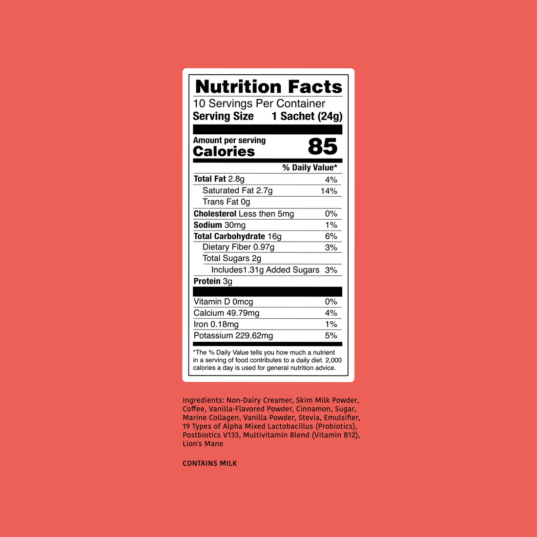 Clöud Café Churro Latte nutrition label on an orange background