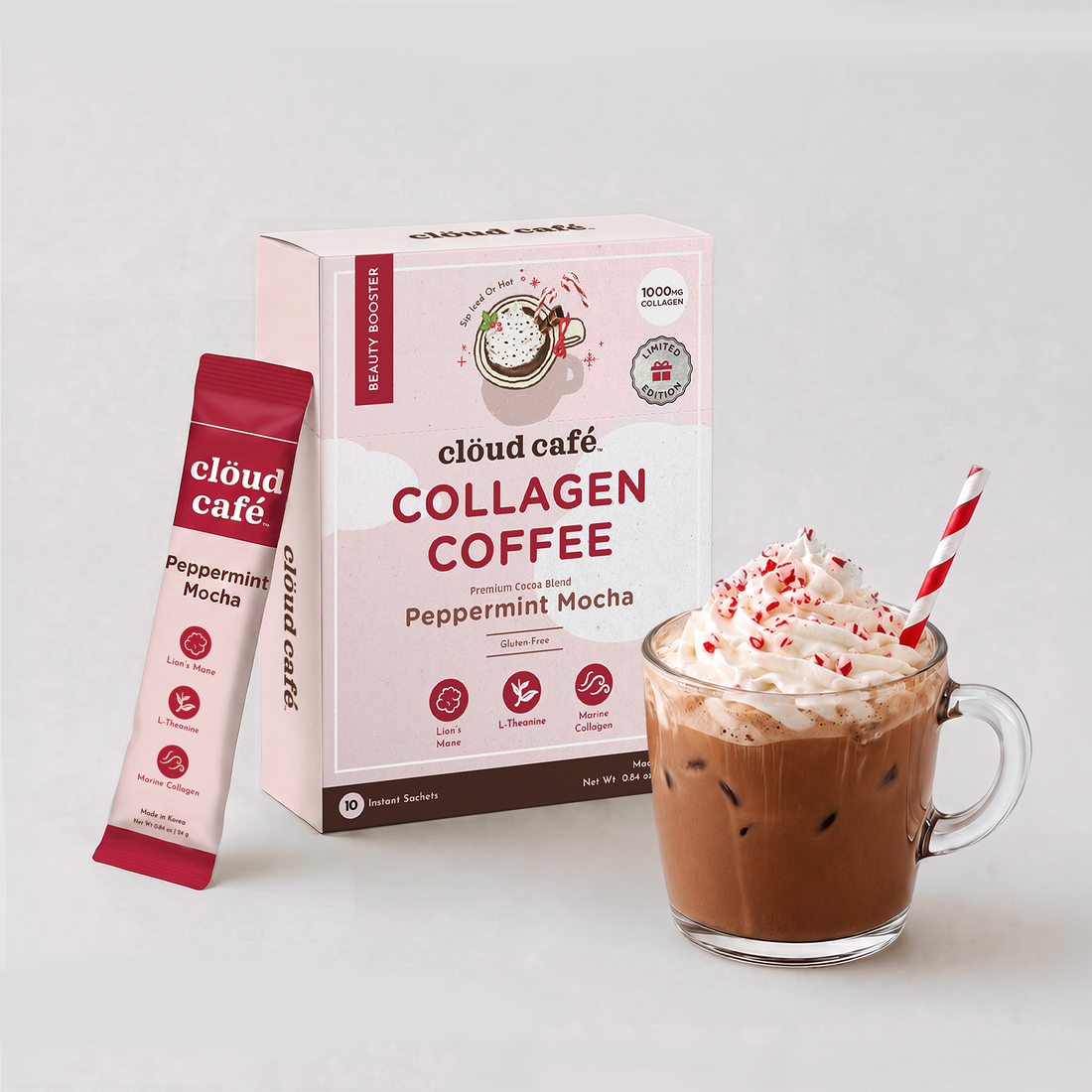 Clöud Café Peppermint Mocha Collagen Coffee box with 10 instant sachets, featuring Marine Collagen, Lion&