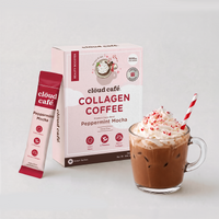 Clöud Café Peppermint Mocha Collagen Coffee box with 10 instant sachets, featuring Marine Collagen, Lion's Mane, and L-Theanine, next to an iced peppermint mocha topped with whipped cream and crushed candy cane.