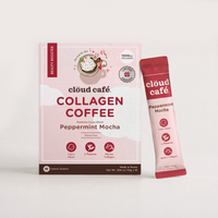 Cloud Café Collagen Coffee Peppermint Mocha in a pink and white box with a single sachet standing beside it on a clean white background.
