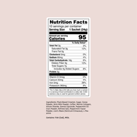 A Nutrition Facts label for Peppermint Mocha shown centered on a pale pink background with ingredient text below. The label is white with black text and outlines the nutrition facts for 10 servings per container, 1 sachet (24g), and lists calories, fat, cholesterol, sodium, carbohydrates, sugars, protein, and vitamins.