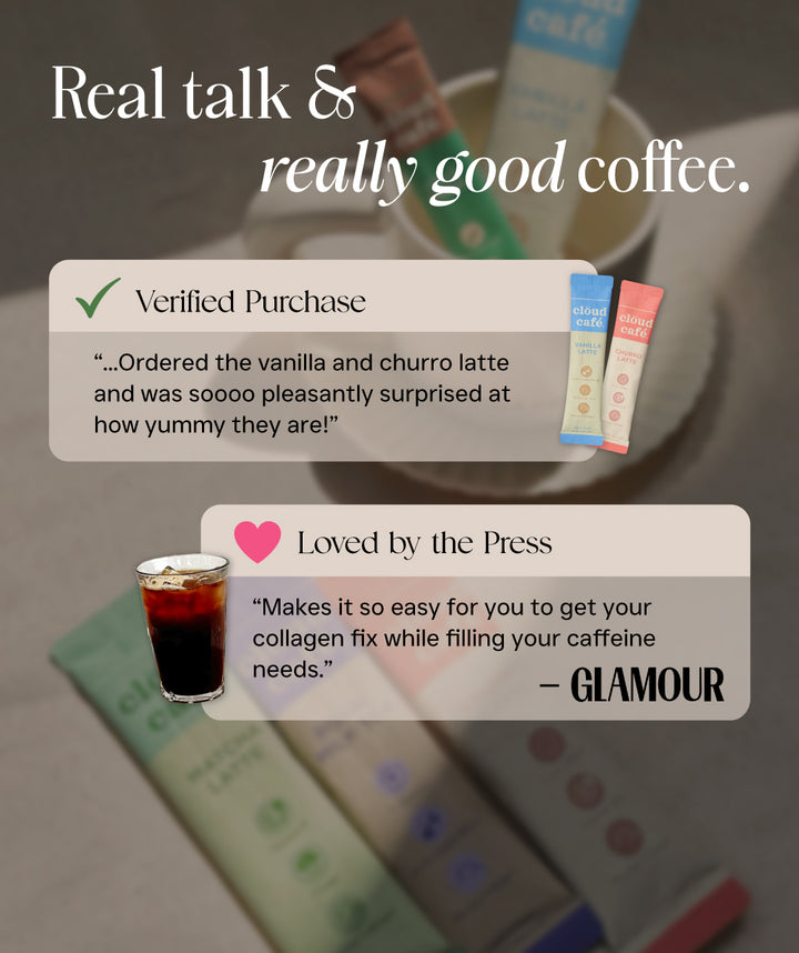 Real talk & really good coffee. Banner features verified customer reviews, and a press quote from GLAMOUR magazine. Loved by the press.