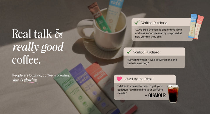 Real talk & really good coffee. Banner features verified customer reviews, and a press quote from GLAMOUR magazine. Loved by the press.