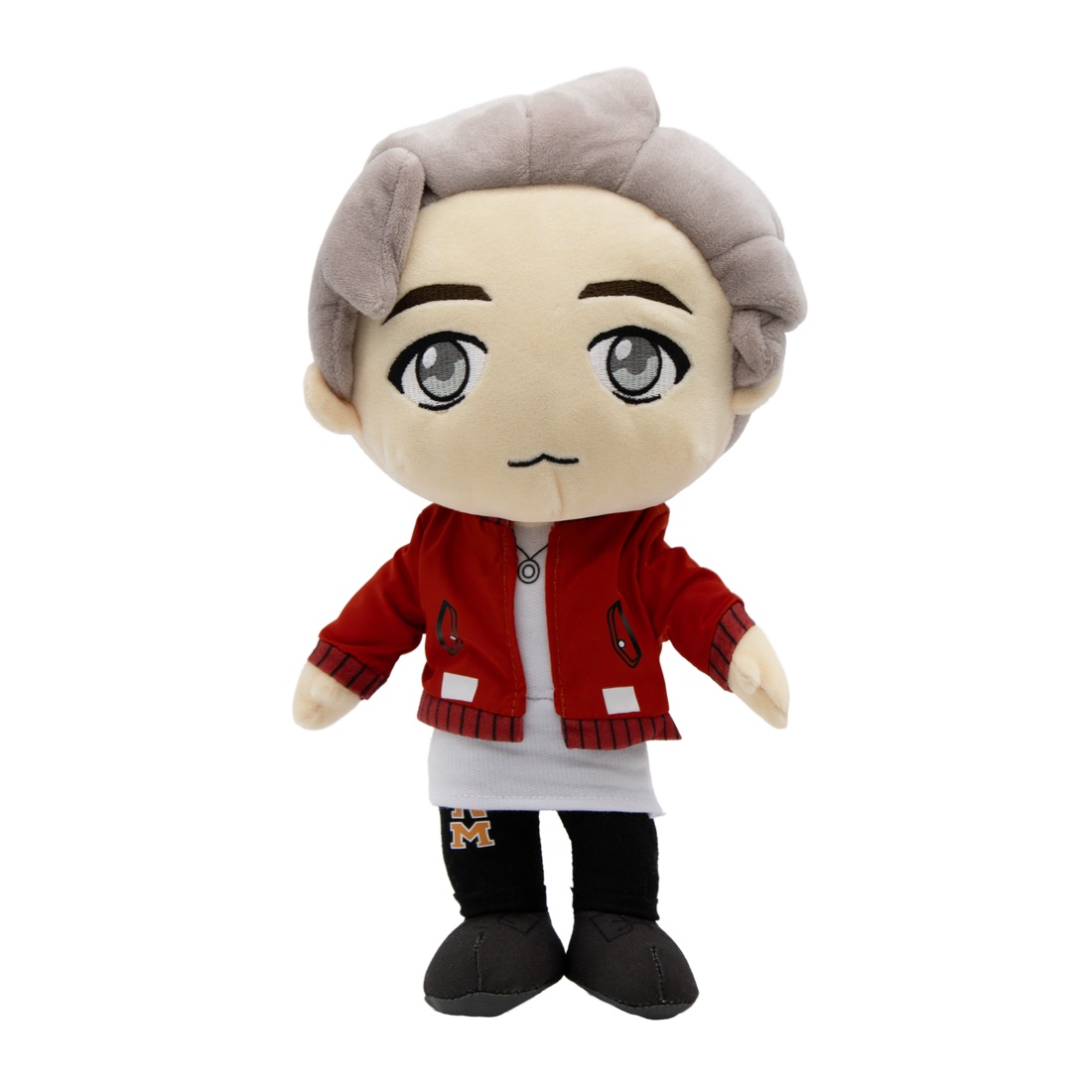 Front of RM BTS Plush Doll wearing outfit inspired by MIC Drop music video.