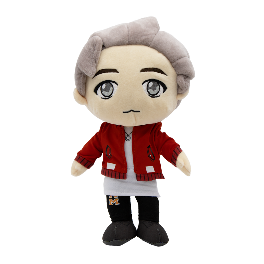 Front of RM BTS Plush Doll wearing outfit inspired by MIC Drop music video.