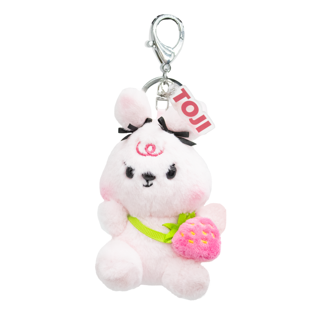 Light pink plush bunny keychain with a bows on ears and a small pink strawberry purse. 