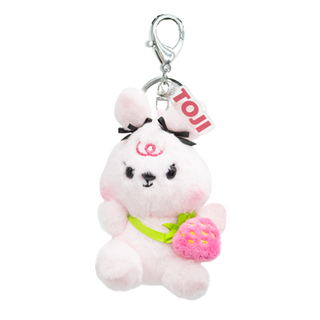 Light pink plush bunny keychain with a bows on ears and a small pink strawberry purse. 