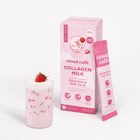 Clöud Café Collagen Strawberry Milk Zero instant sachet box with pink iced strawberry milk topped with cream and fresh strawberry in clear glass, featuring 1000mg marine collagen, vitamin D, and vitamin C, zero sugar caffeine-free gluten-free Korean instant premium wellness blend, 7 count.
