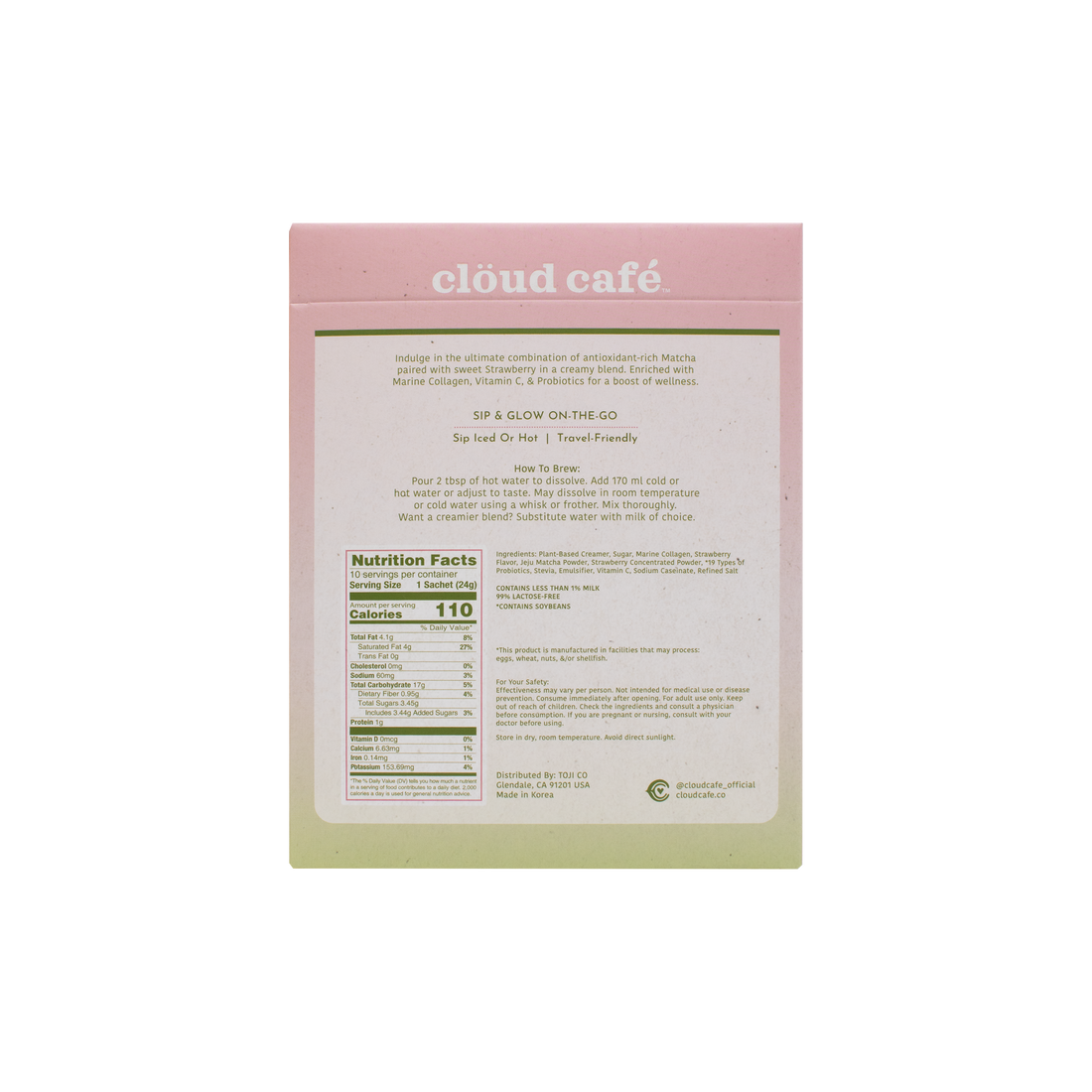 Back of clöud café Strawberry Matcha Latte packaging, showing nutrition facts.