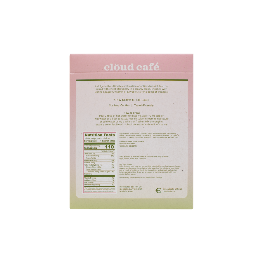 Back of clöud café Strawberry Matcha Latte packaging, showing nutrition facts.