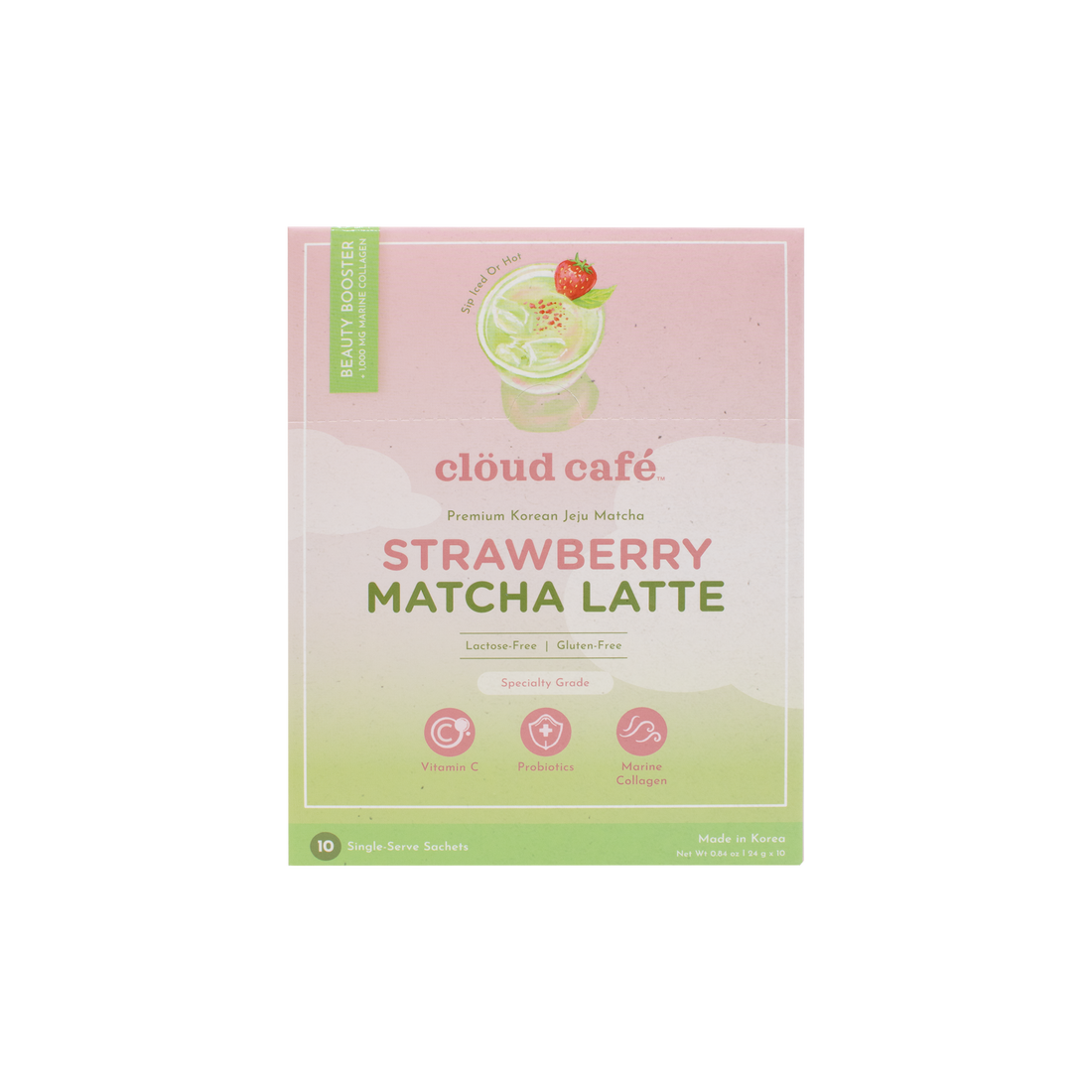Front of clöud café Strawberry Matcha Latte packaging. Pink and green with matcha illustration.