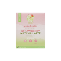 Front of clöud café Strawberry Matcha Latte packaging. Pink and green with matcha illustration.