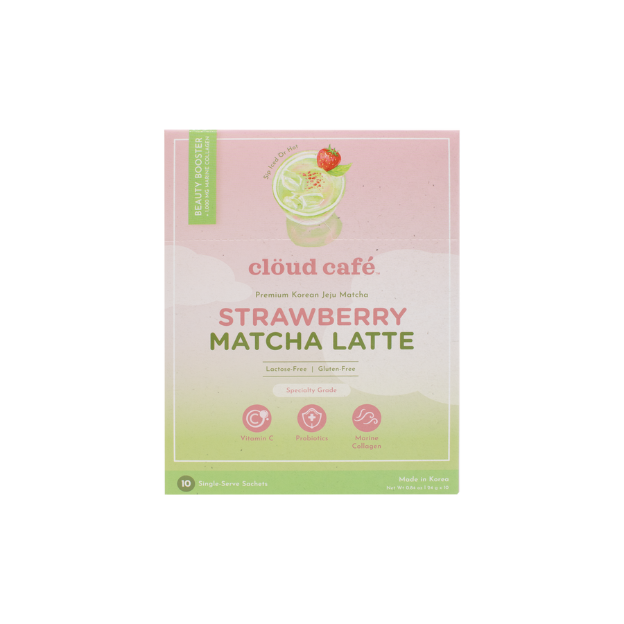 Front of clöud café Strawberry Matcha Latte packaging. Pink and green with matcha illustration.