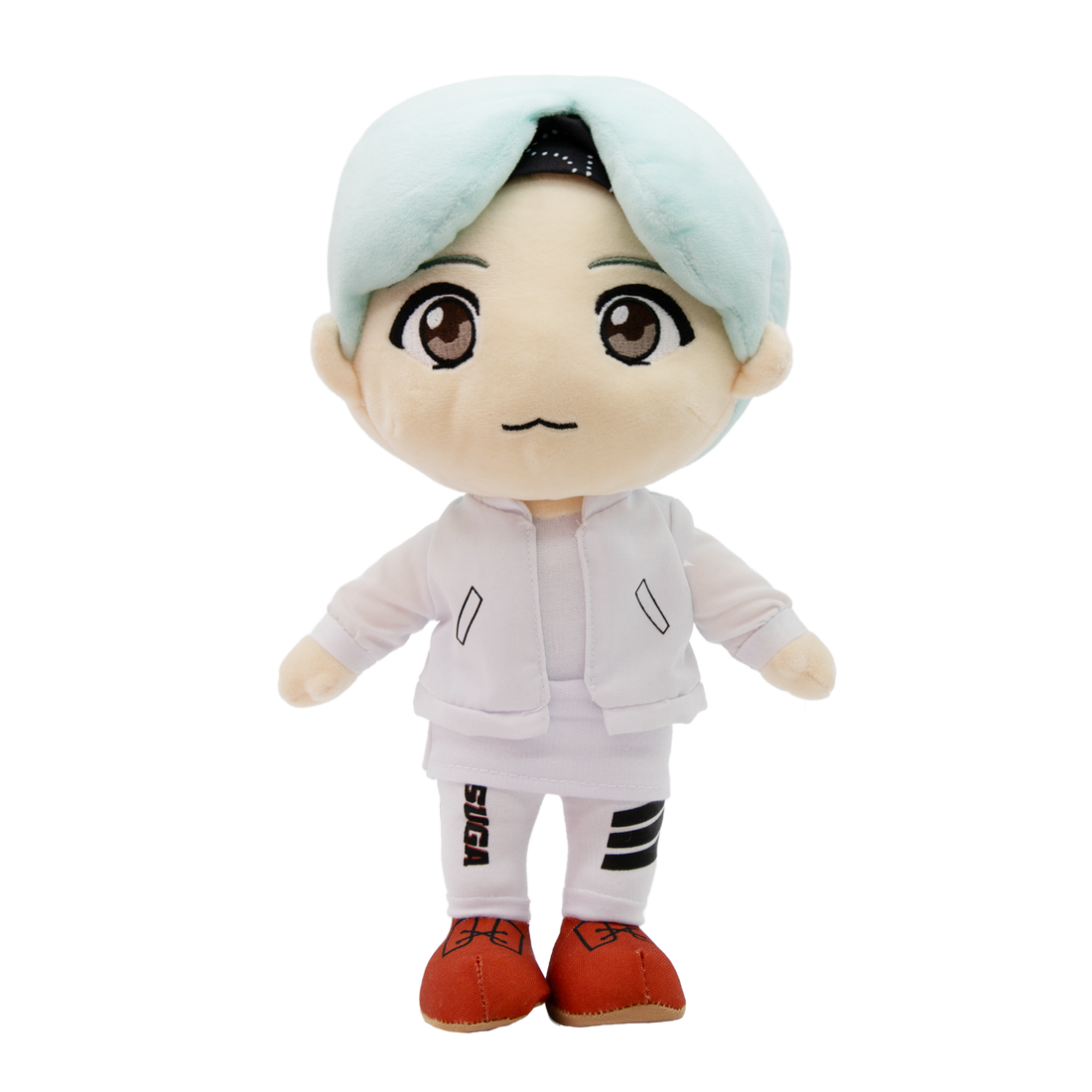 Front of Suga BTS Plush Doll wearing outfit inspired by MIC Drop music video.